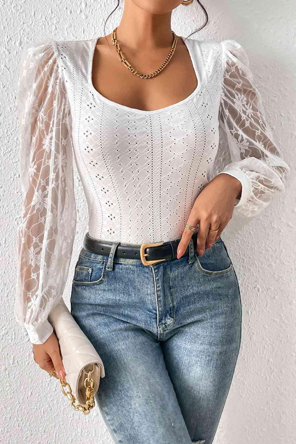 Eyelet Lace Detail Bodysuit - ZeesPieces