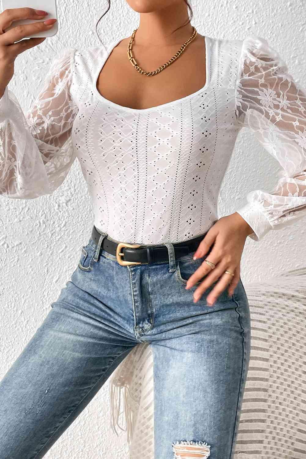 Eyelet Lace Detail Bodysuit - ZeesPieces