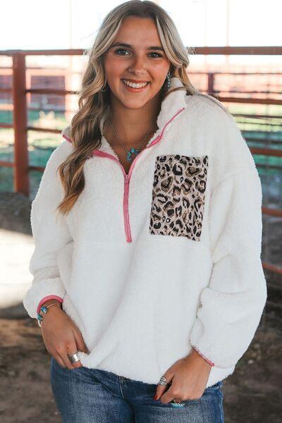 Half Zip Leopard Contrast Long Sleeve Sweatshirt - ZeesPieces