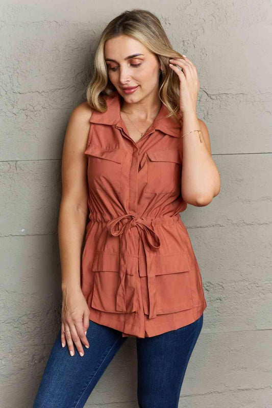 Ninexis Follow The Light Sleeveless Collared Button Down Top - ZeesPieces