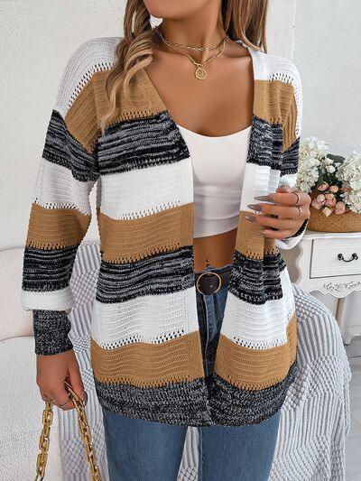 Openwork Striped Open Front Cardigan - ZeesPieces