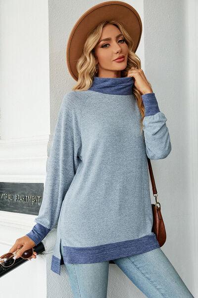 Slit Mock Neck Long Sleeve T-Shirt - ZeesPieces