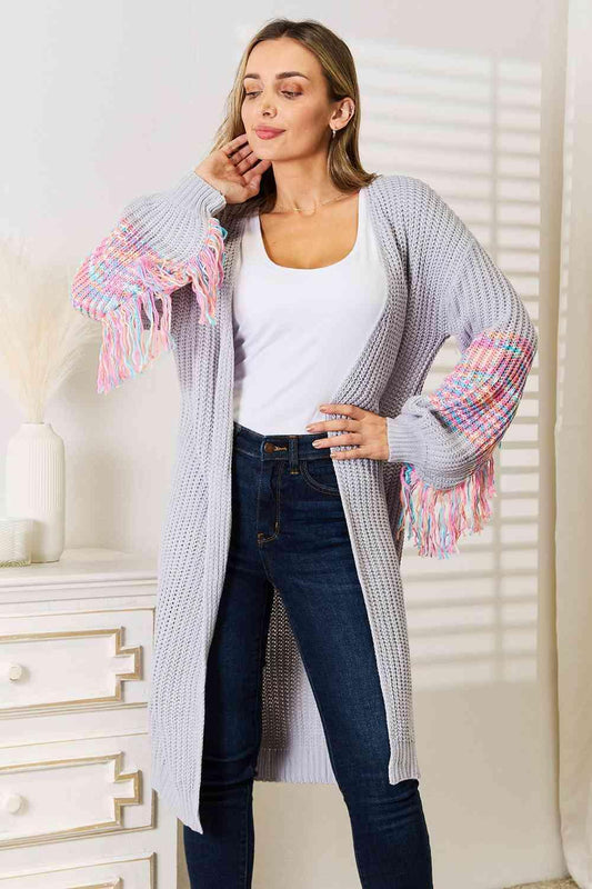 Woven Right Fringe Sleeve Dropped Shoulder Cardigan - ZeesPieces