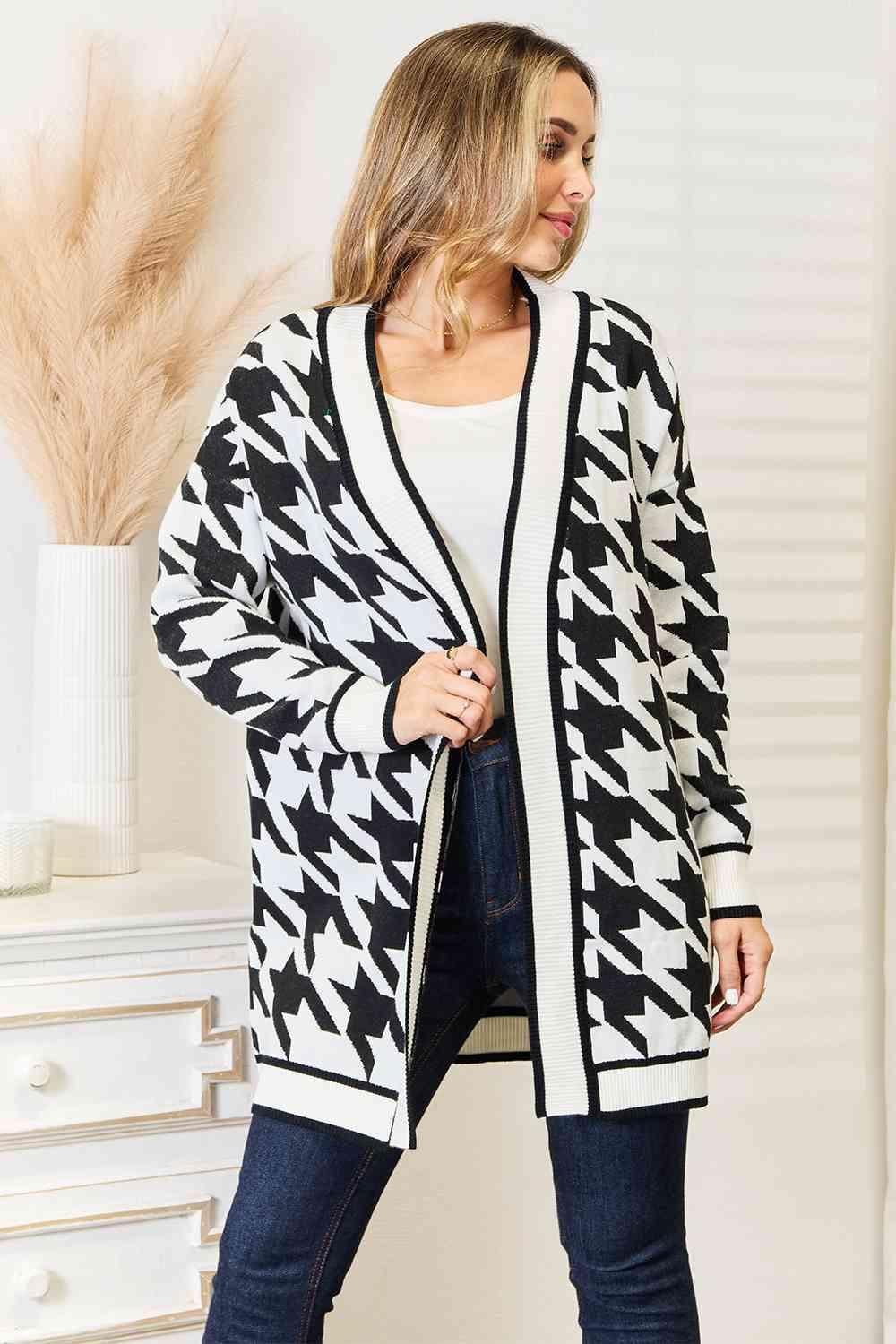 Woven Right Houndstooth Open Front Longline Cardigan - ZeesPieces