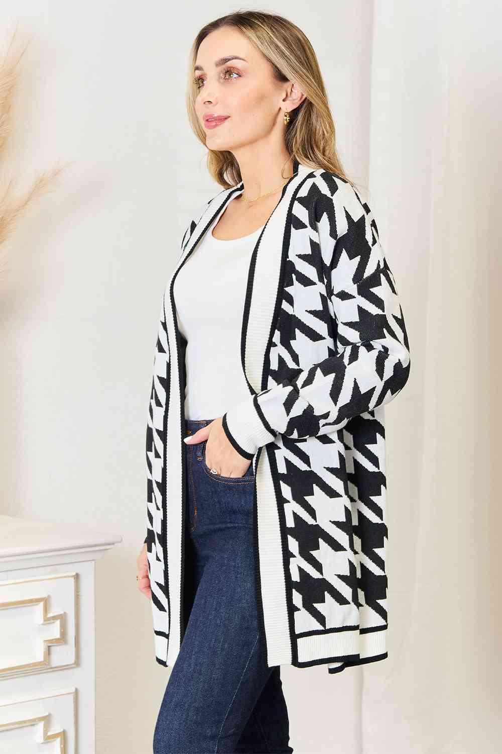 Woven Right Houndstooth Open Front Longline Cardigan - ZeesPieces