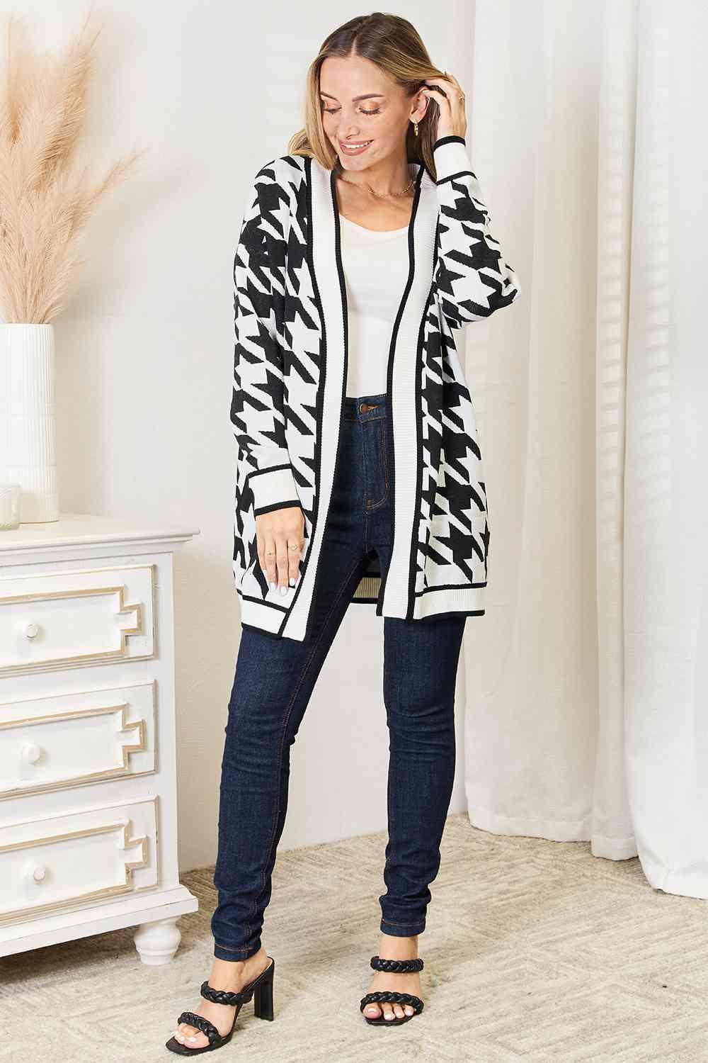 Woven Right Houndstooth Open Front Longline Cardigan - ZeesPieces