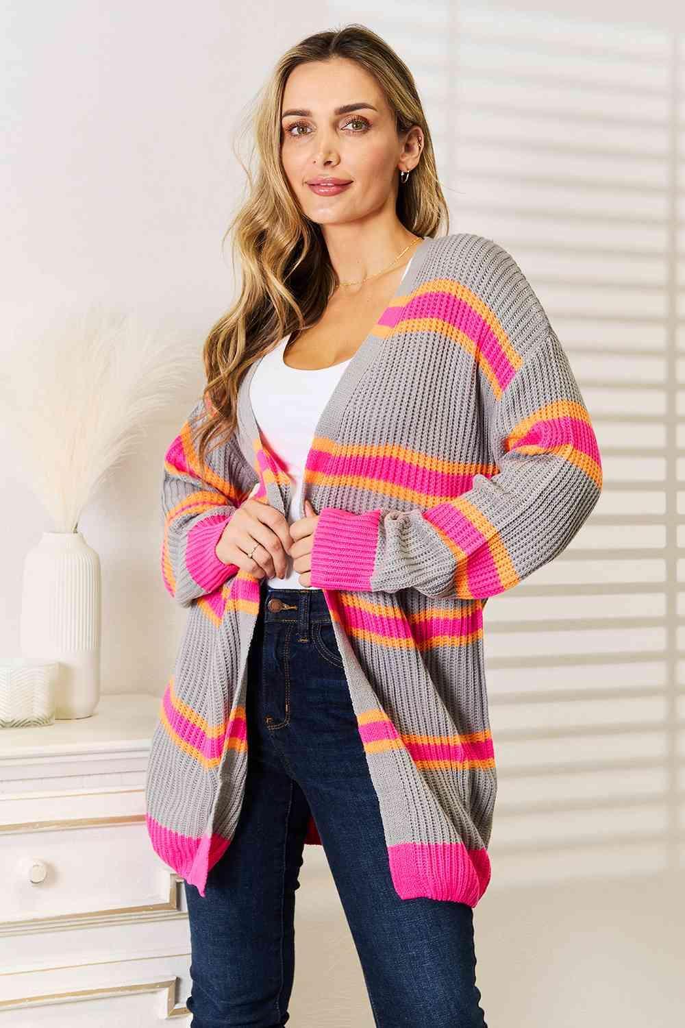 Woven Right Ribbed Long Sleeve Cardigan - ZeesPieces